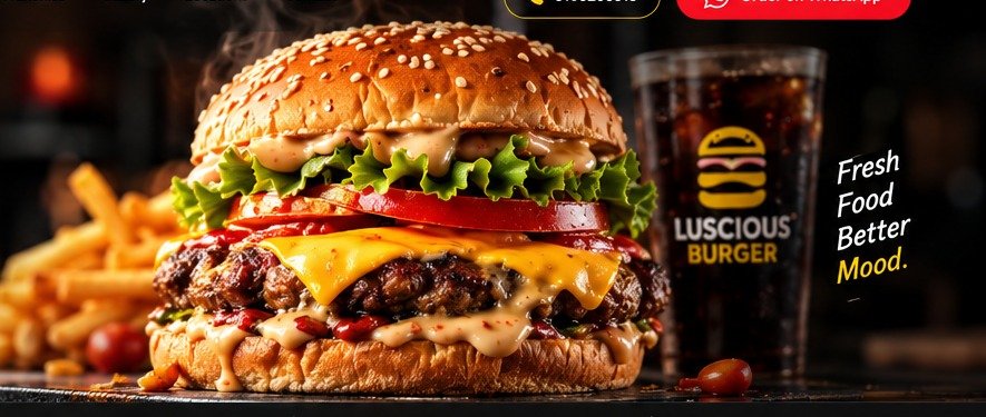 Premium LUSCIOUS BURGER burger and fries